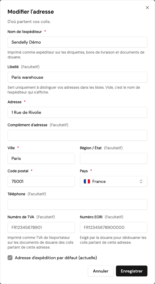 L’adresse de départ et les champs d’identification de l’exportateur.