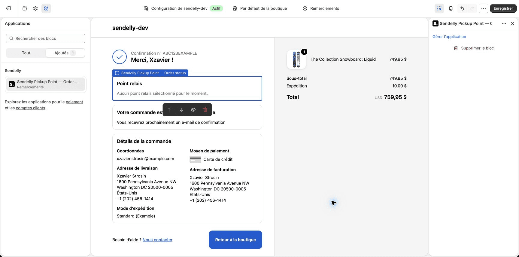 Bloc Point relais en français dans la page de remerciement de la boutique de test Shopify.