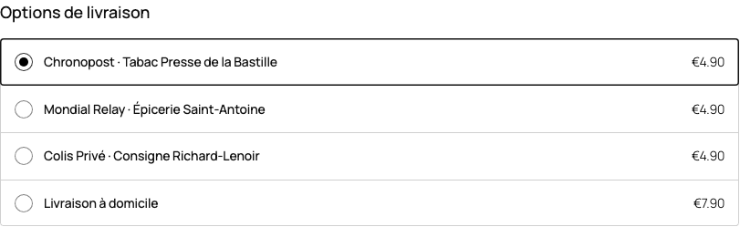 Trois points relais et une livraison à domicile proposés dans un paiement WooCommerce local de démonstration.