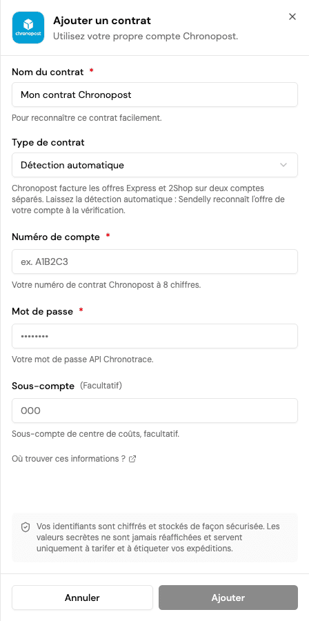 Le formulaire Chronopost distingue type de contrat, numéro de compte et sous-compte facultatif.