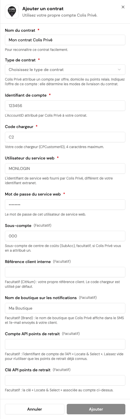 Les champs Colis Privé comprennent les accès de service web et les options de recherche de points.