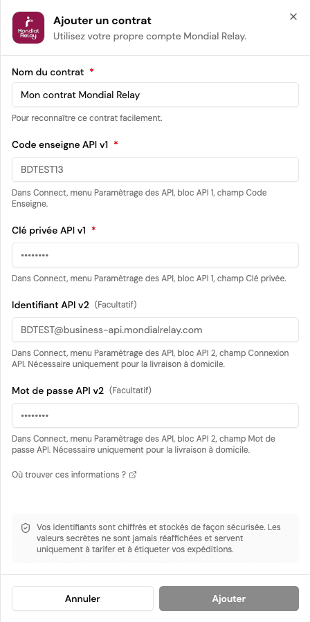Les accès API v1 et API v2 occupent des champs distincts dans le formulaire Mondial Relay.