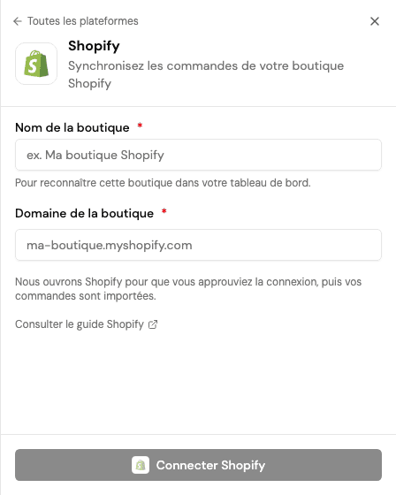 Formulaire de démonstration Shopify, sans connexion réelle, avec le nom de la boutique et le domaine myshopify.com.