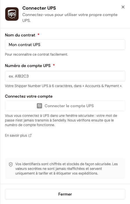 Le formulaire UPS demande un numéro de compte avant l'autorisation sur le site UPS.