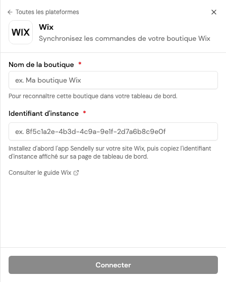 Formulaire Wix de démonstration demandant le nom de la boutique et l'identifiant de l'installation, avec des exemples grisés.