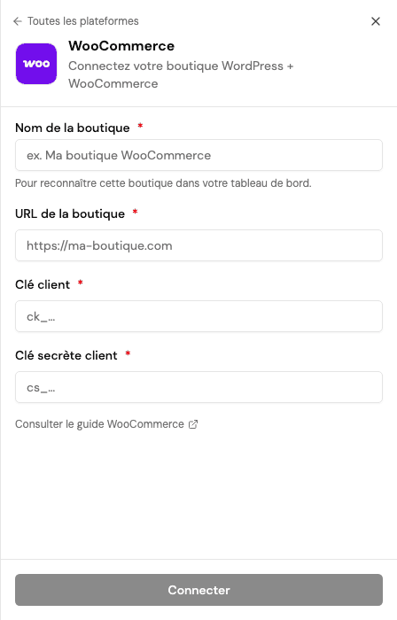 Formulaire WooCommerce de démonstration avec les emplacements des deux clés confidentielles laissés vides.