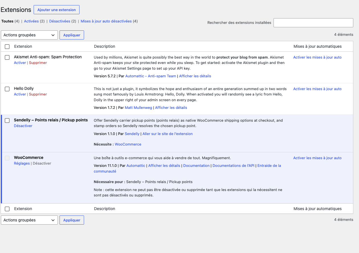 Extension Sendelly – Points relais active dans une installation locale de WordPress et WooCommerce en français.