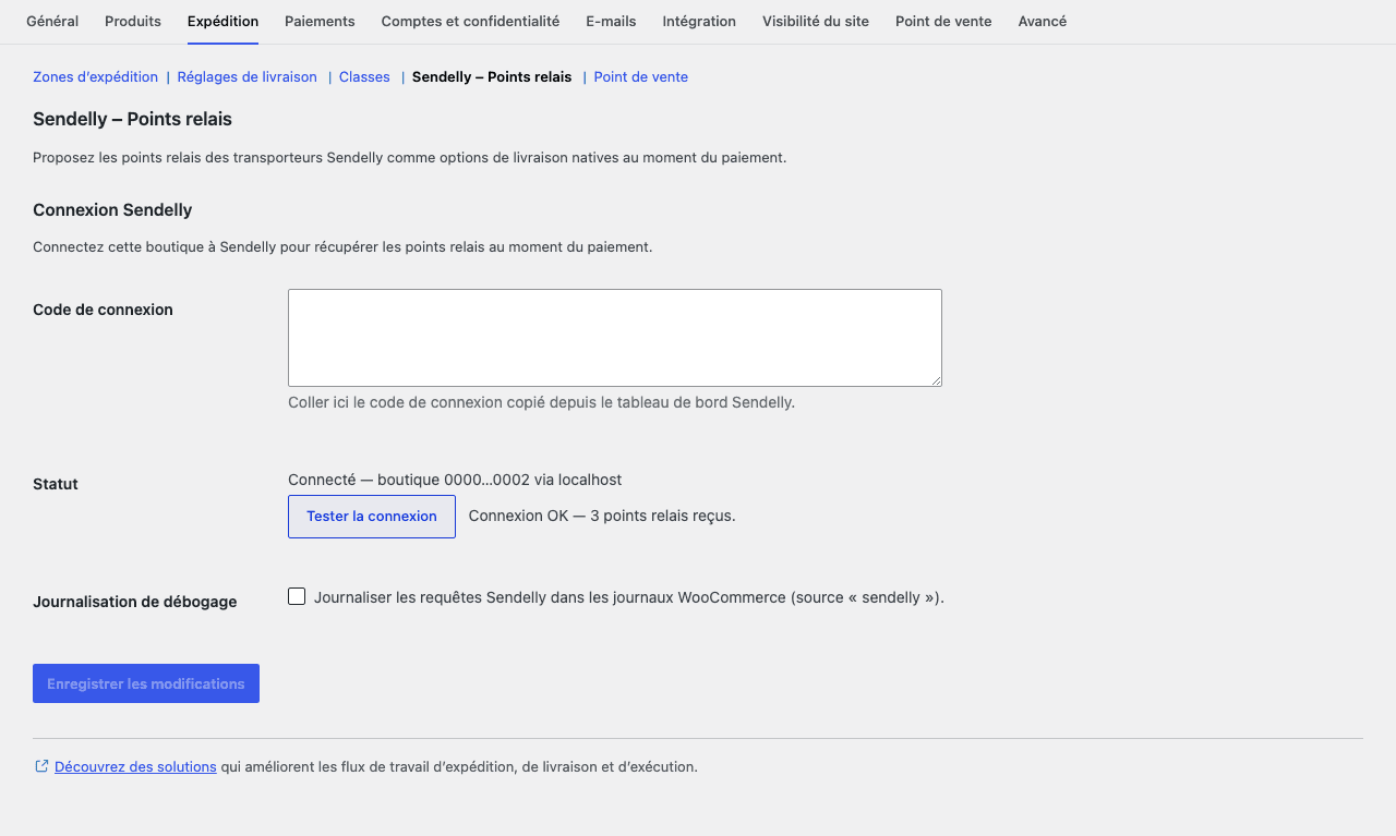 Réglages de l'extension WooCommerce connectée et test réussi avec des données locales de démonstration.