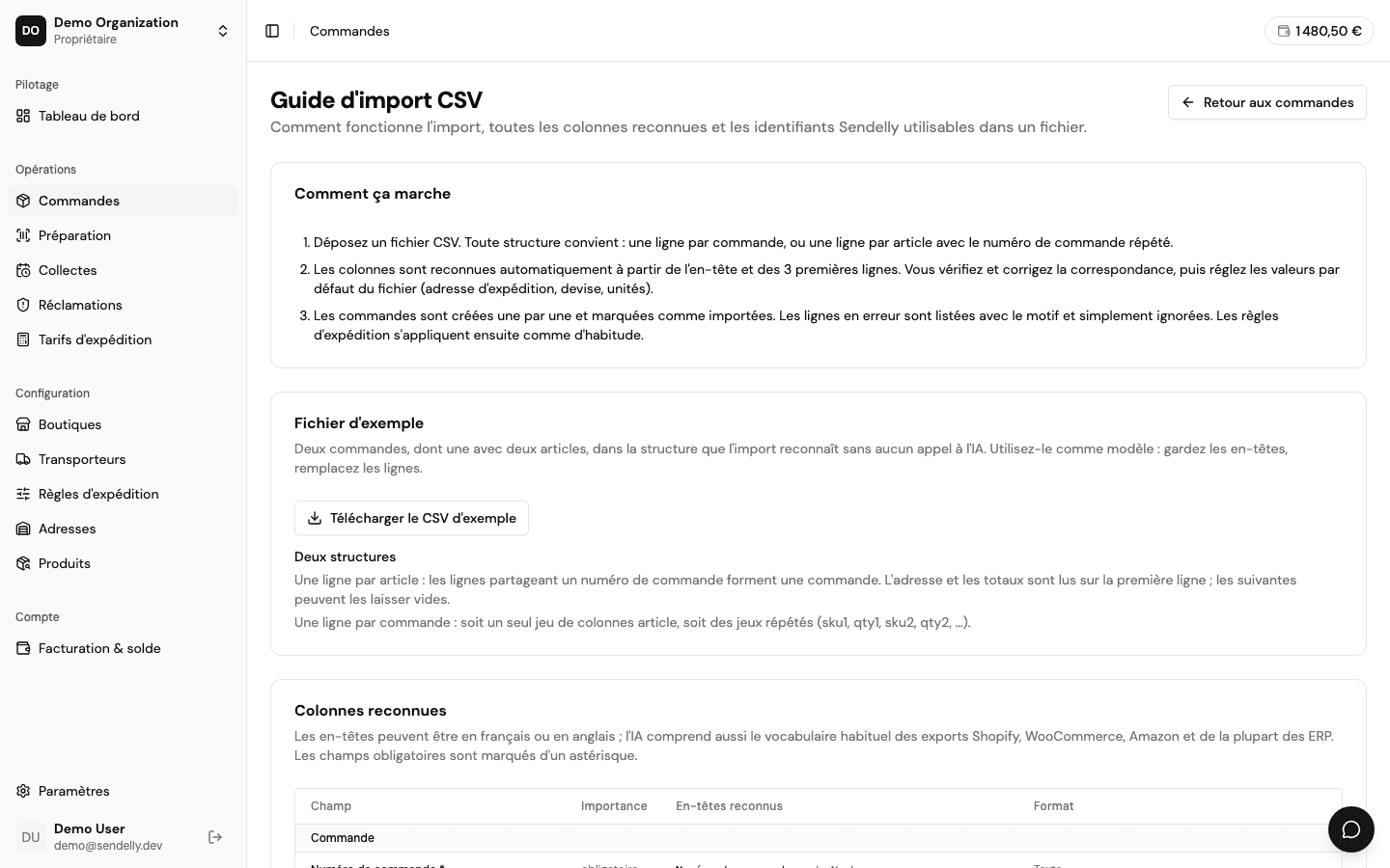 Le guide intégré permet de télécharger le fichier CSV d’exemple.