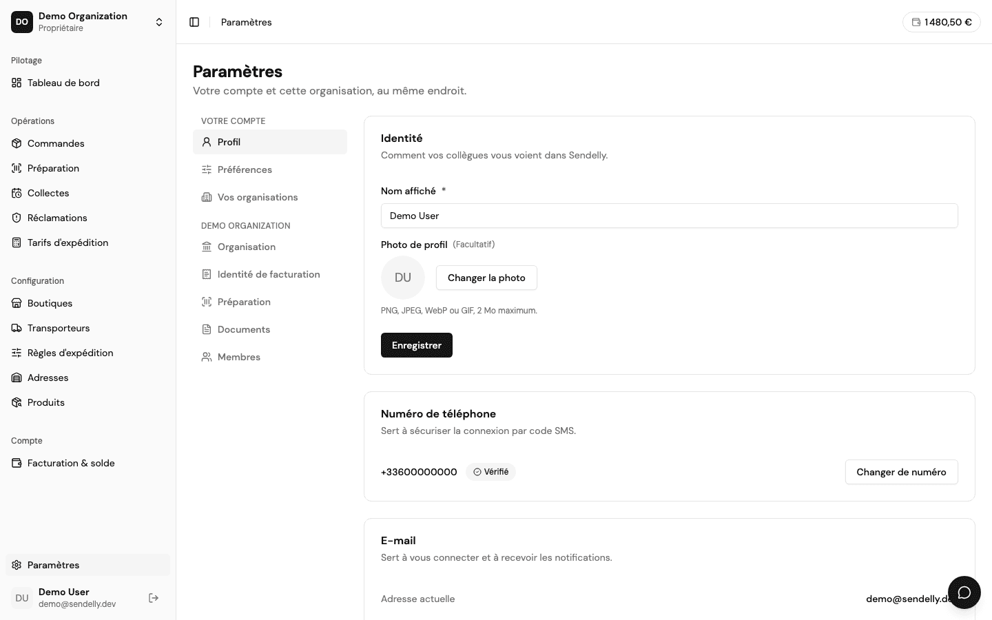 La page Profil du compte de démonstration.