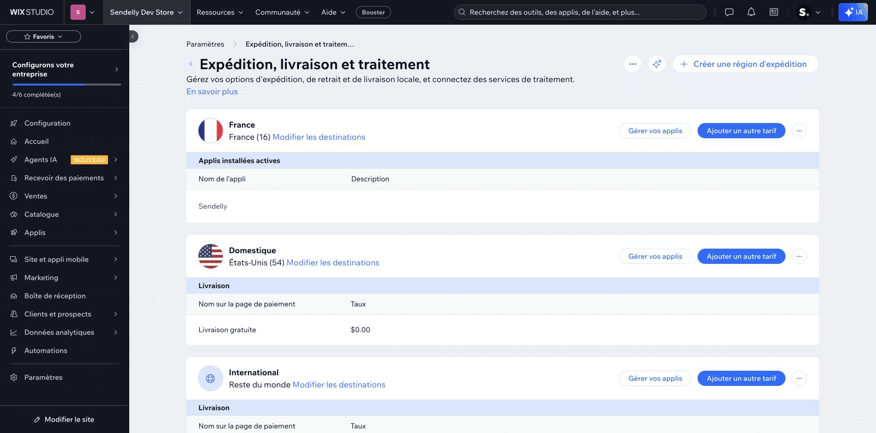 Région France d'un site de test Wix en français, avec Sendelly parmi les applications installées actives.