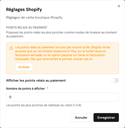 Activation et nombre de points dans les réglages Shopify de Sendelly, avec l'état du service de tarifs.