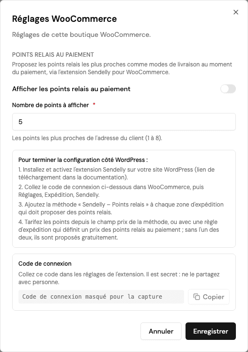 Réglages WooCommerce dans Sendelly avec l'emplacement du code de connexion masqué.