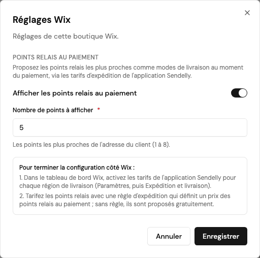 Activation des points relais et nombre d'options dans les réglages Wix de Sendelly, avec le rappel de l'activation par région.